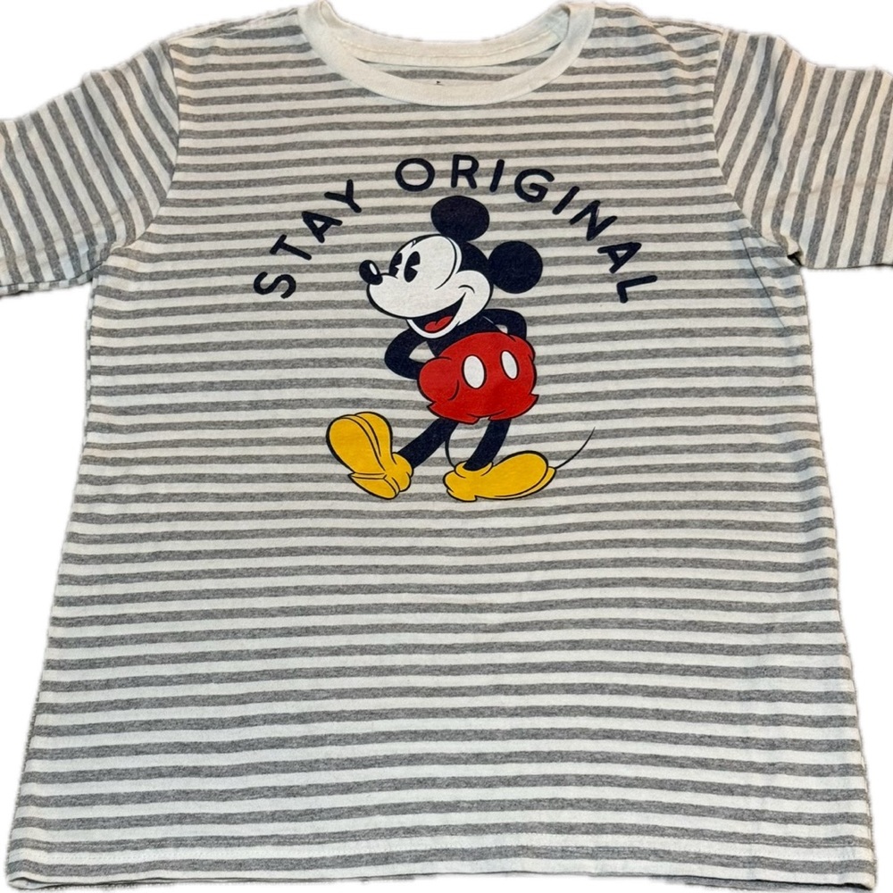 Disney Mickey Mouse Kids T-Shirt - Gray and White Stripes Unisex Girl Boy 7/8
